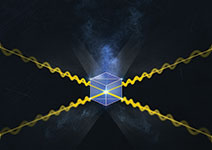 Figure 1. The core element of the quantum repeater is a cube of glass. The researchers put two independent photons in, and as long as they could detect two photons coming out the other side they knew that they could perform entanglement swapping.